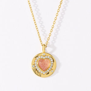 VFX0477 Pink Strawberry Crystal Heart Coin Pendant Necklace