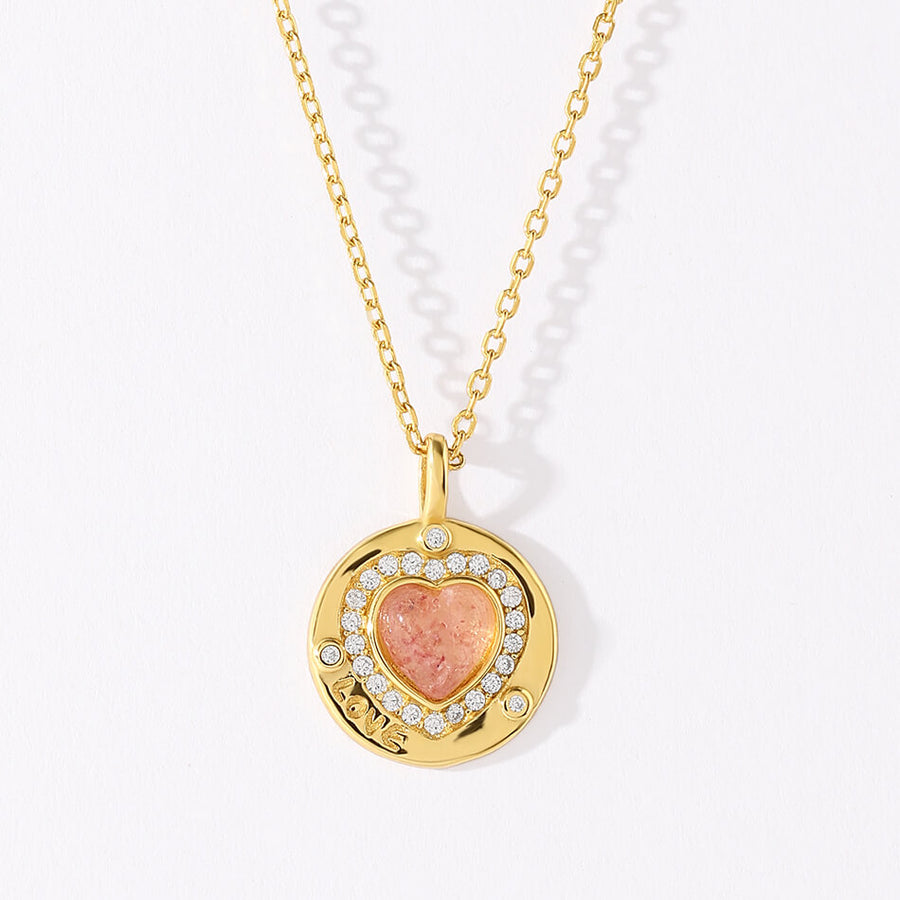 VFX0477 Pink Strawberry Crystal Heart Coin Pendant Necklace