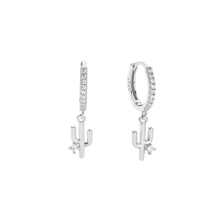 FE2815 925 Sterling Silver Cubic Zirconia Cactus Dangle Hoop Earrings