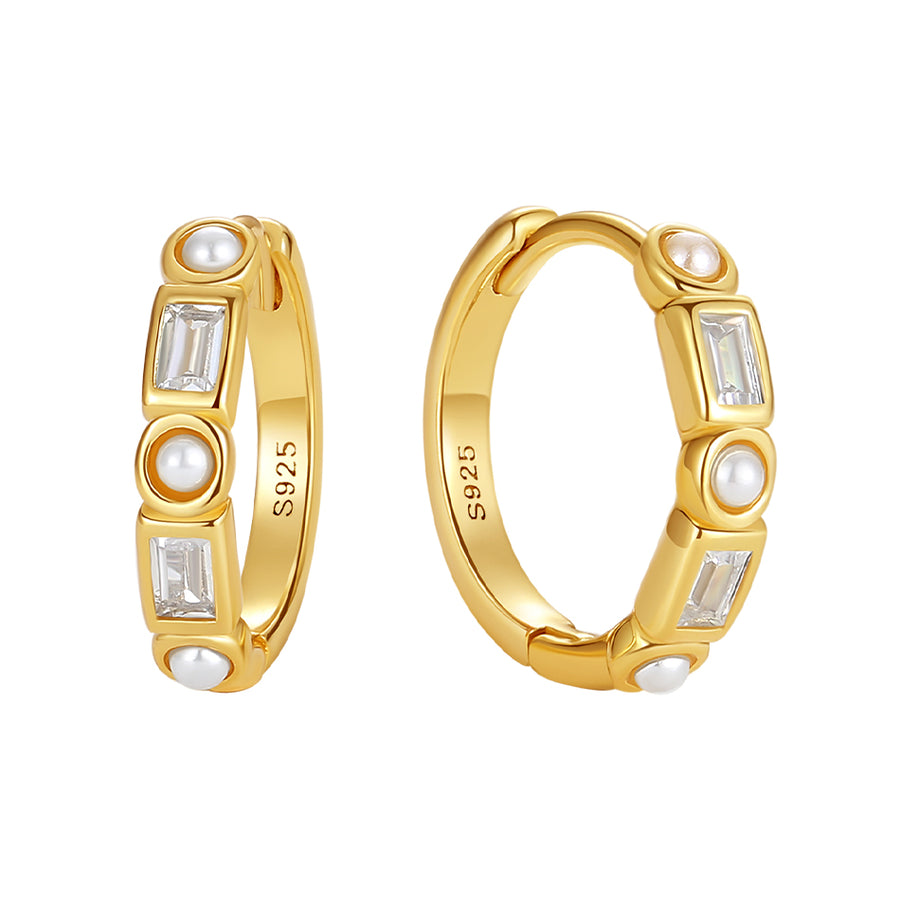 VFE0472 VFX0470 VFJ0471 Alternating Baguette Zircon & Round Pearl Hoop Earring