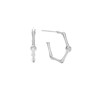 FE2881 925 Sterling Silver Bamboo Diamond Hoop Earrings