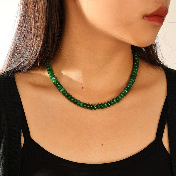 PN0192 925 Sterling Silver Dark Green Jade beaded necklace