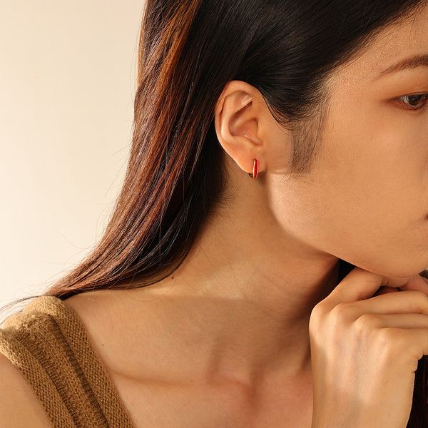 FE2889 925 Sterling Silver Red Enamel Square Hoop Earrings