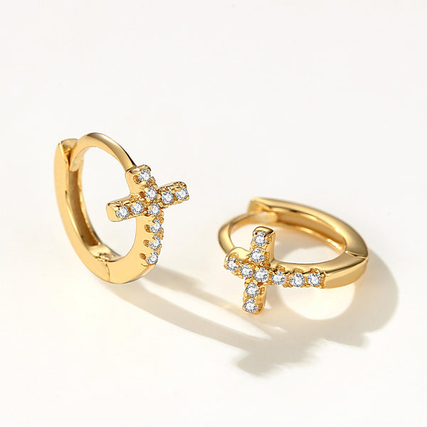 FE2147 925 Sterling Silver CZ Cross Band Hoop Earrings