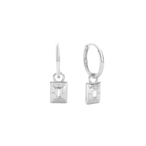 FE2778 925 Sterling Silver Geometric Square Plaque Dangle Hoop Earrings