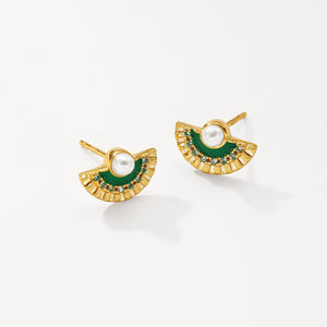 VFE0071  Vingate Green Enamel & Shell Pearl Stud Earrings