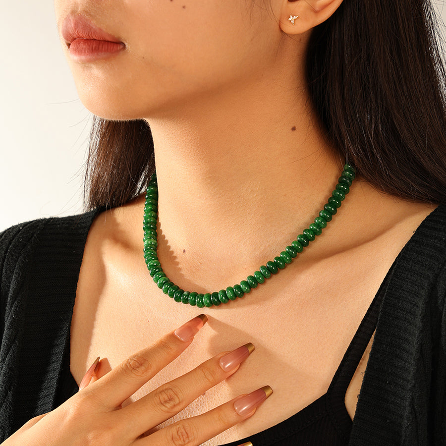 PN0192 925 Sterling Silver Dark Green Jade beaded necklace