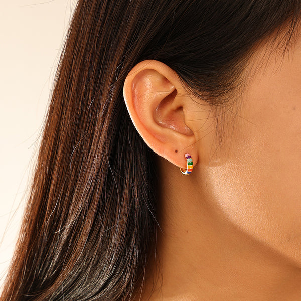 FE2961 925 Sterling Silver Enamel Contrast Design Hoop Earrings