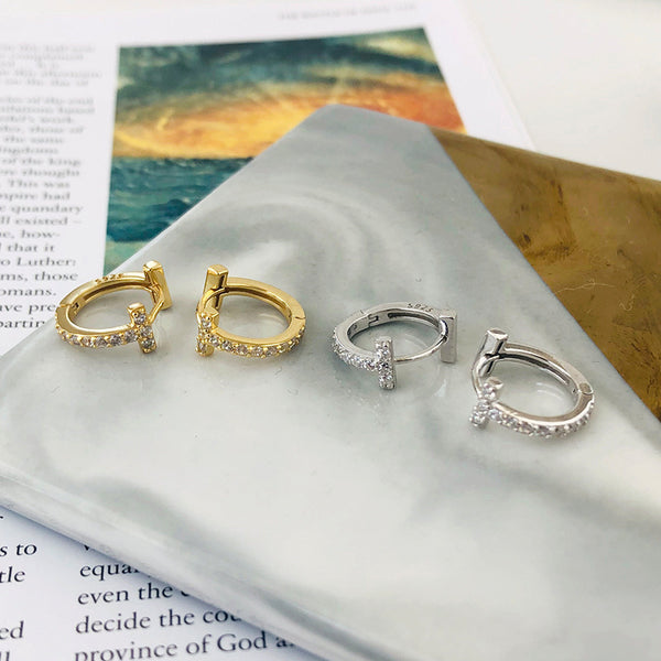 FE2552 925 Sterling Silver Dainty Cross CZ Stone Hoop Earring