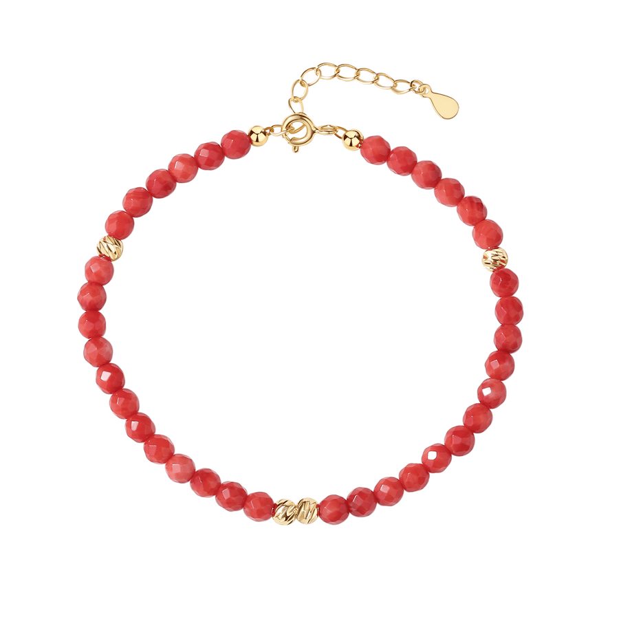PB0050 925 Sterling Silver Cut Red Coral Gold Beaded Bracelet