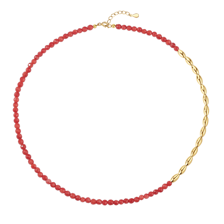 PN0094 925 Sterling Silver Gold Beaded Cut Red Coral Necklace