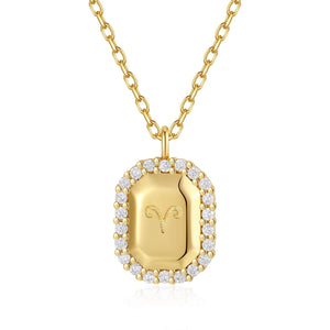 VFX0605 CZ Zodiac Rectangle Tag Pendant Necklace