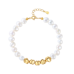 PB0103 925 Sterling Silver Gold Bead Freshwater Pearl Bracelet