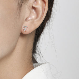 RHE1311 925 Sterling Silver Star Moon Inlaid Zircon Shell Pearl Cat Stud Earrings
