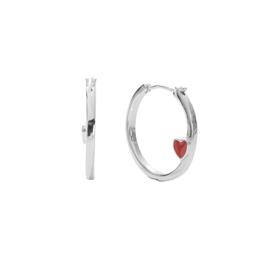 FE2712 925 Sterling Silver Red Enamel Heart Hoop Earring