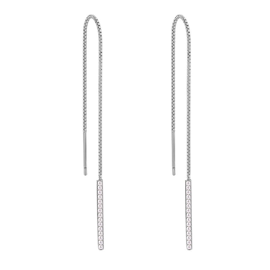 FE2041 925 Sterling Silver Vertical Bar Shell Pearl Long Chain Stud Earrings