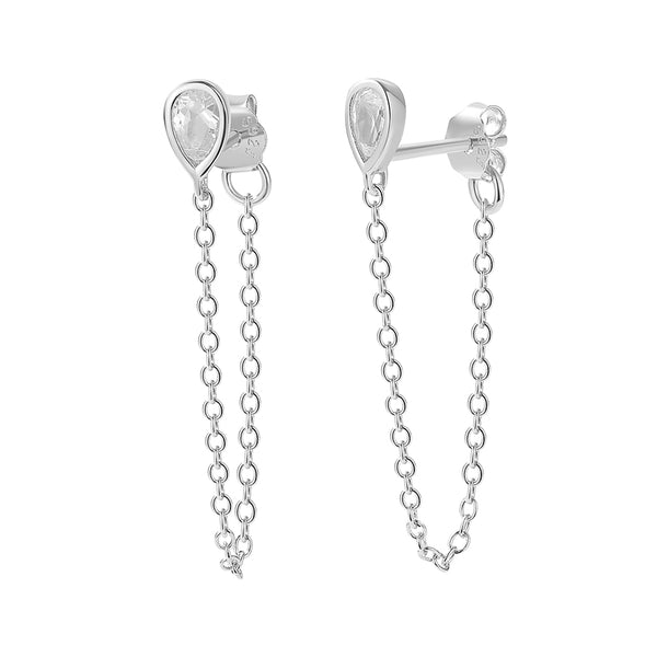 FE2055 925 Sterling Silver Pear Cubic Zirconia Chain Stud Earrings