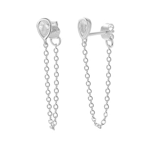 FE2055 925 Sterling Silver Pear Cubic Zirconia Chain Stud Earrings