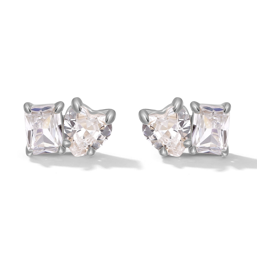 FE2047 925 Sterling Silver Baguette Heart Cut CZ Mini Stud Earrings