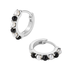 FE2064 925 Sterling Silver Shell Pearl Black Onyx Hoop Earrings