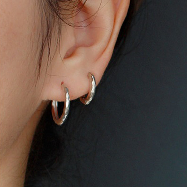 YHE0151 925 Sterling Silver Hammered Basic Hoop Earrings