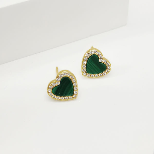 FE1811 925 Sterling Silver Mini Heart Malachite Stud Earrings