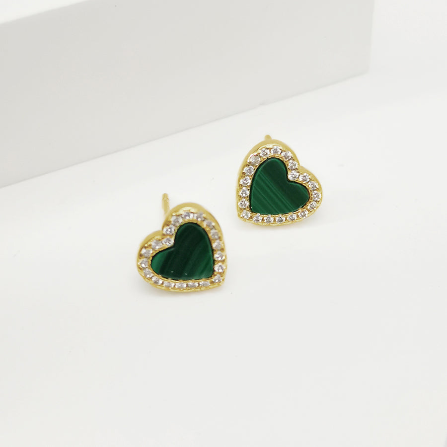 FE1811 925 Sterling Silver Mini Heart Malachite Stud Earrings