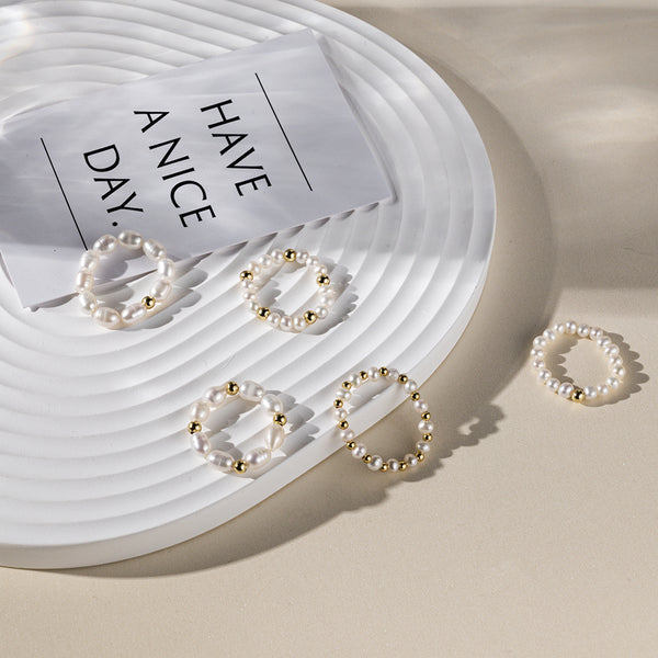 White Round Freshwater Pearl Elasticity Adjustable Ring