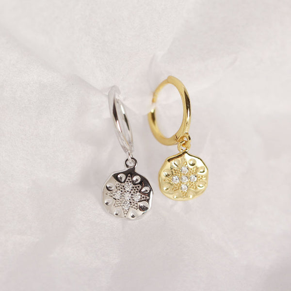YHE0131 925 Sterling Silver Hammered Coin CZ Dangle Earring
