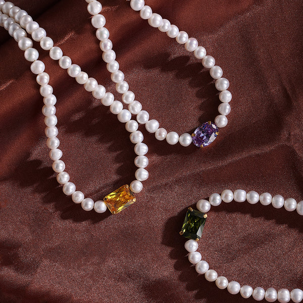 FX0810 925 Sterling Silver Yellow Zirconia Pearl Necklace