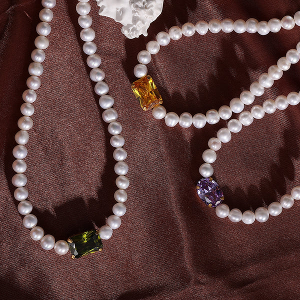 FX0810 925 Sterling Silver Yellow Zirconia Pearl Necklace