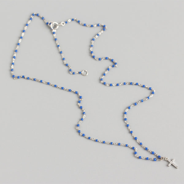 YHN060 925 Sterling Silver Stacked Cross CZ Drop Enamel Clavicle Chain Necklace