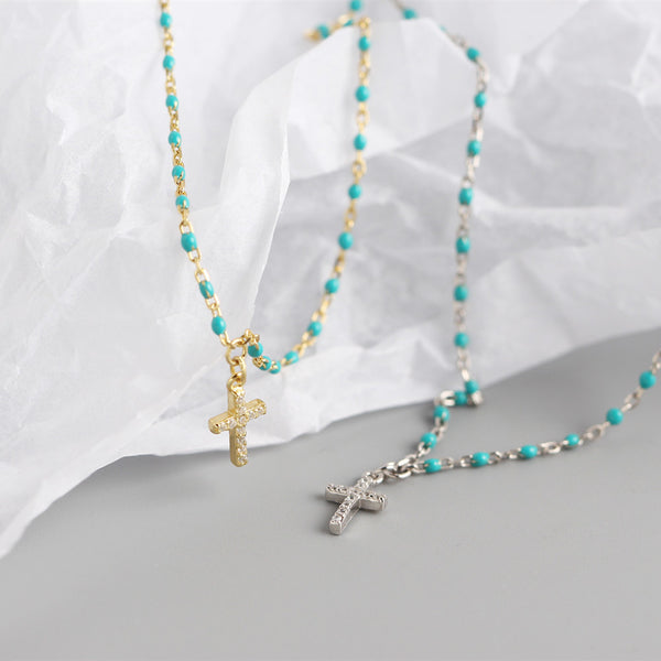 YHN060 925 Sterling Silver Stacked Cross CZ Drop Enamel Clavicle Chain Necklace