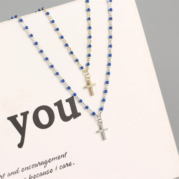 YHN060 925 Sterling Silver Stacked Cross CZ Drop Enamel Clavicle Chain Necklace