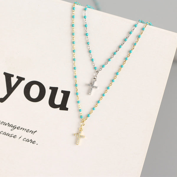 YHN060 925 Sterling Silver Stacked Cross CZ Drop Enamel Clavicle Chain Necklace