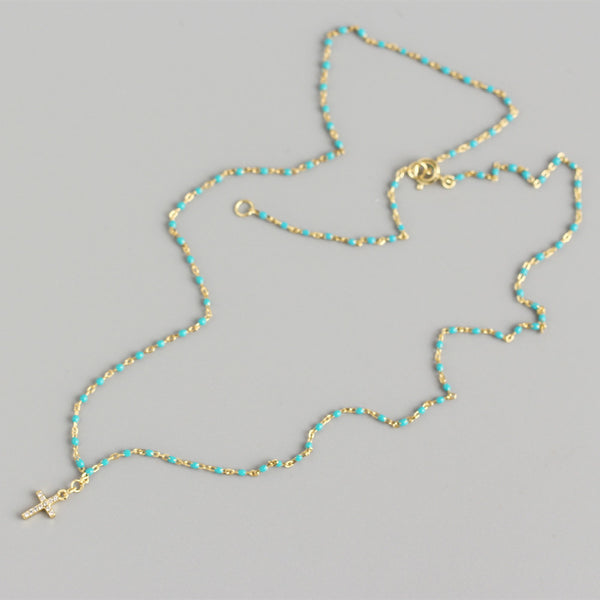 YHN060 925 Sterling Silver Stacked Cross CZ Drop Enamel Clavicle Chain Necklace