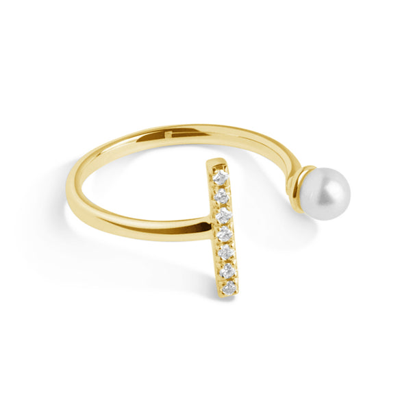 FJ0060 925 Sterling Silver Pearl & Zircon Bar Open Ring