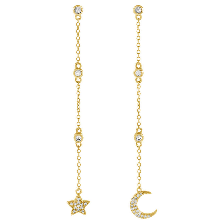 FE0958 925 Sterling Silver Cz Celestial Drop Star Moon Chain Earrings