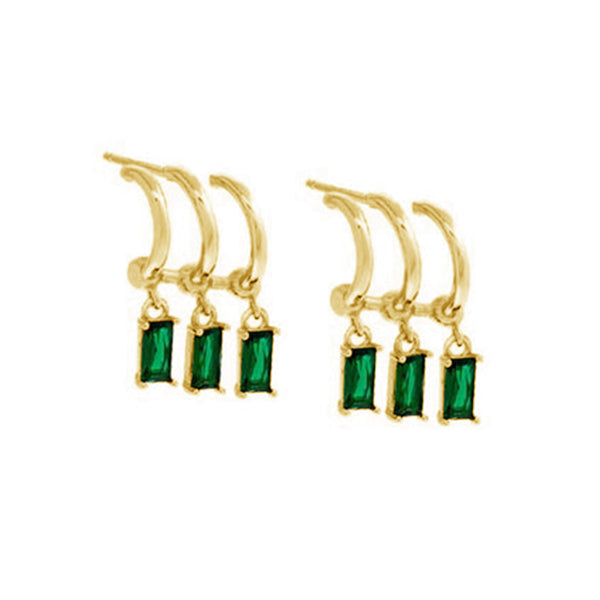 FE2004 925 Sterling Silver Triple Rows Green Baguette Cubic Zirconia Dangle Hoop Earrings