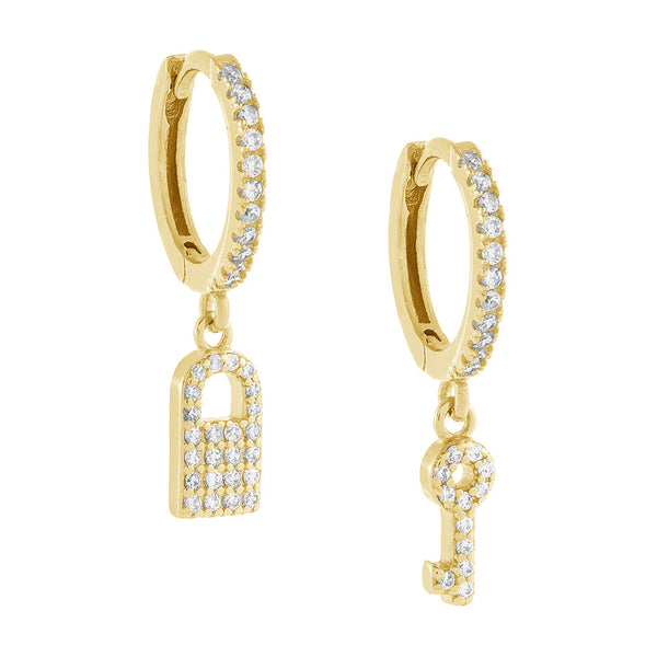 FE0541 925 Sterling Silver Lock & Key Hoop Earrings