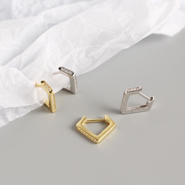YHE0213 925 Sterling Silver Geometric Quadrilateral CZ Hoop Earring