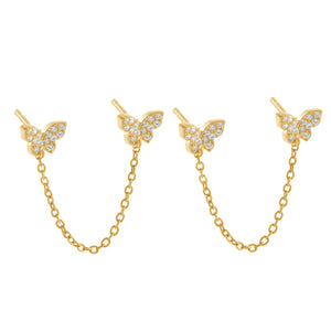 FE0956 925 Sterling Silver Pave Double Butterfly Chain Stud Earrings
