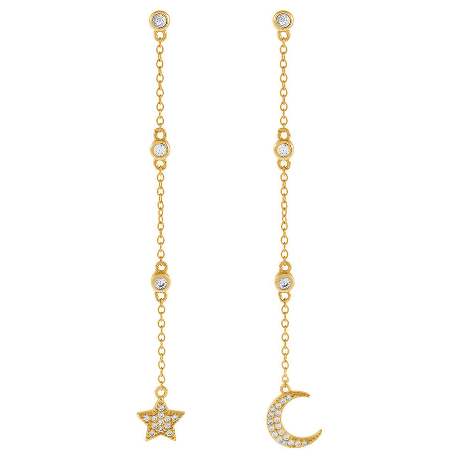 FE0958 925 Sterling Silver Cz Celestial Drop Star Moon Chain Earrings