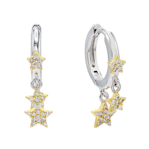 FE0527 925 Sterling Silver Triple Star Two Tone Huggie Earrings