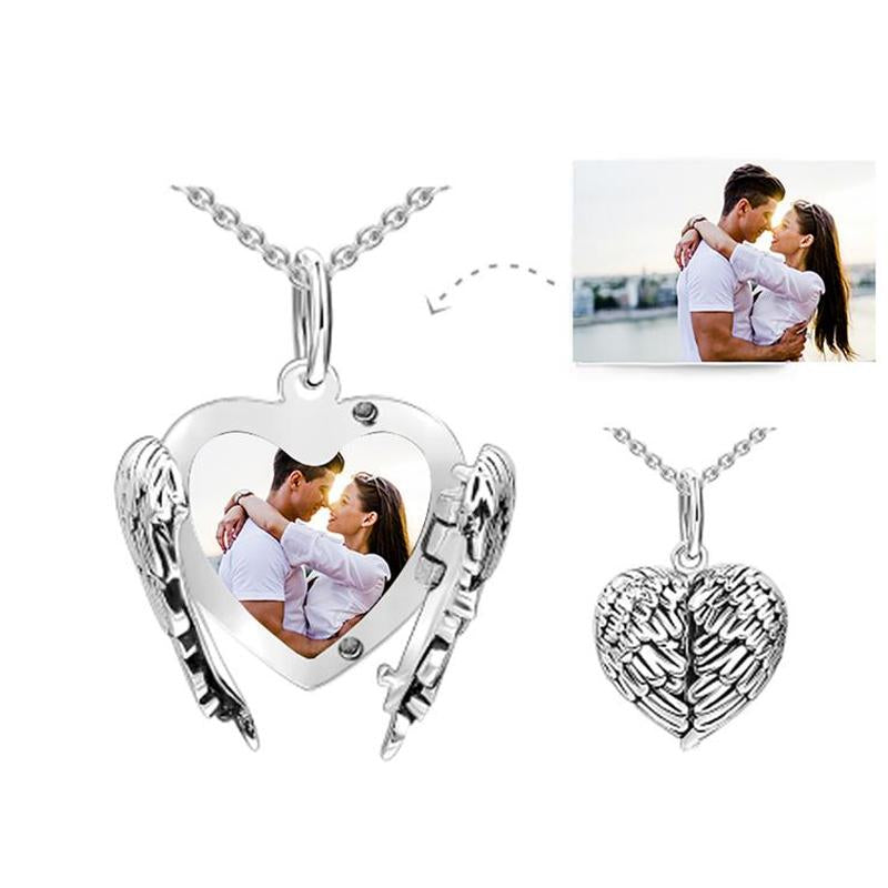 XP1012 925 Sterling Silver Angle Wing Heart Photo Necklace