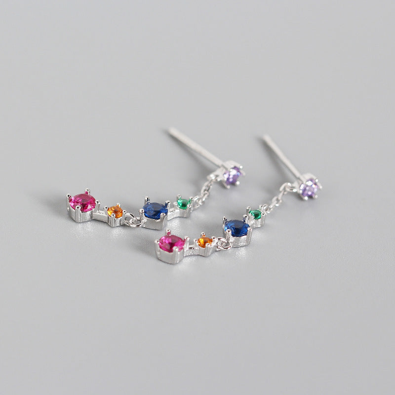 YHE0282 925 Sterling Silver Rainbow Cubic Zirconia Chain Tassel Earring For Women