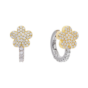 FE0508 925 Sterling Silver Flower Diamond Huggie Earrings