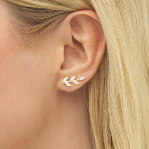 FE0437 925 Sterling Silver Leaf Stone Ear Climber Earrings