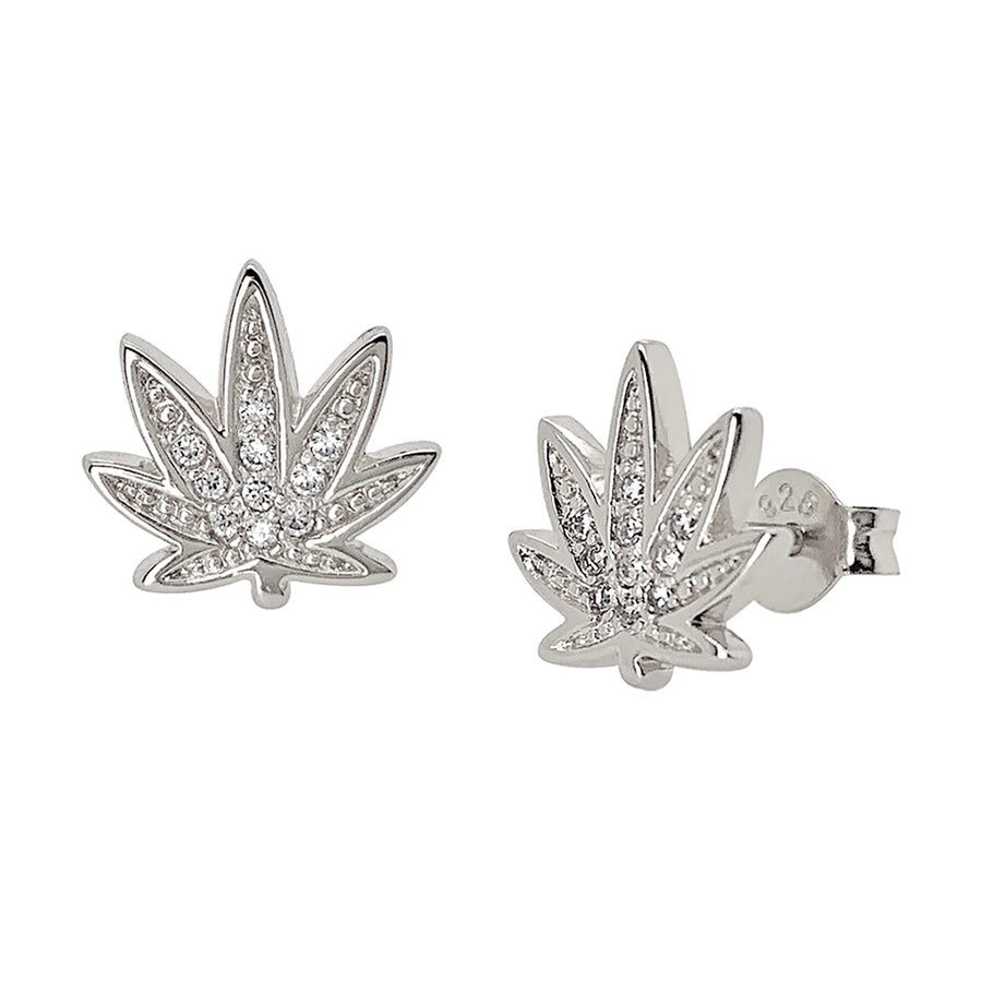 FE0098 925 Sterling Silver Sparkly Weed Stud Earrings