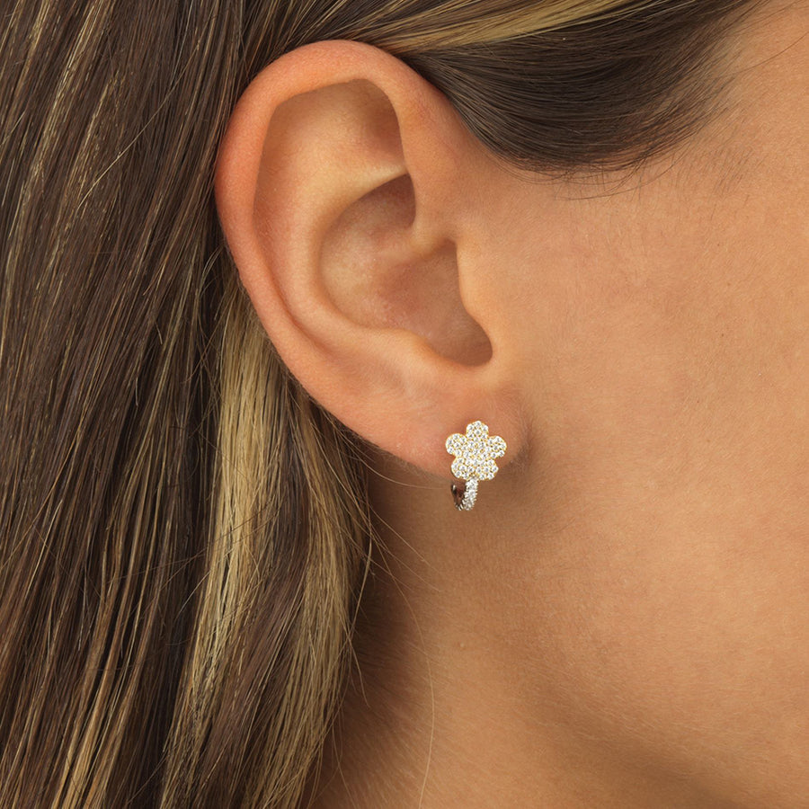 FE0508 925 Sterling Silver Flower Diamond Huggie Earrings